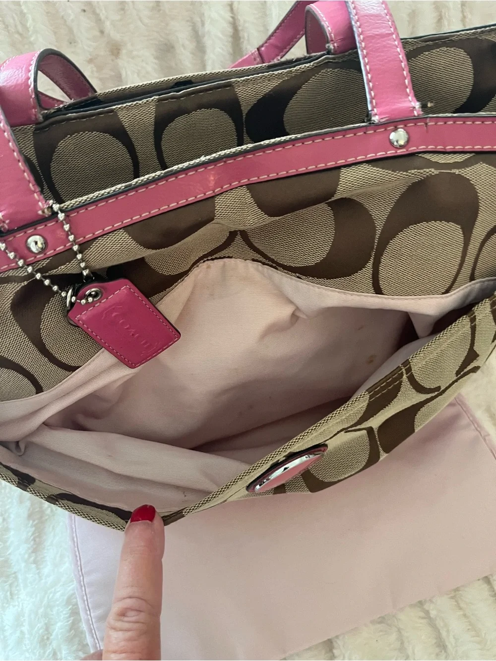 Coach Signature Stripe Baby Bag w/ Hot Pink Patient Leather Trim - EUC